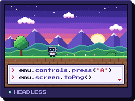 A pixel-art screen with a small robot in a sunset landscape and a dialog box reading emu.controls.press('A')